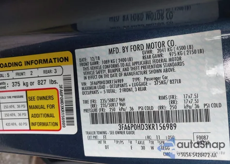 2019 Ford Fusion Se z USA, uszkodzony, nr VIN 3FA6P0HD3KR156989